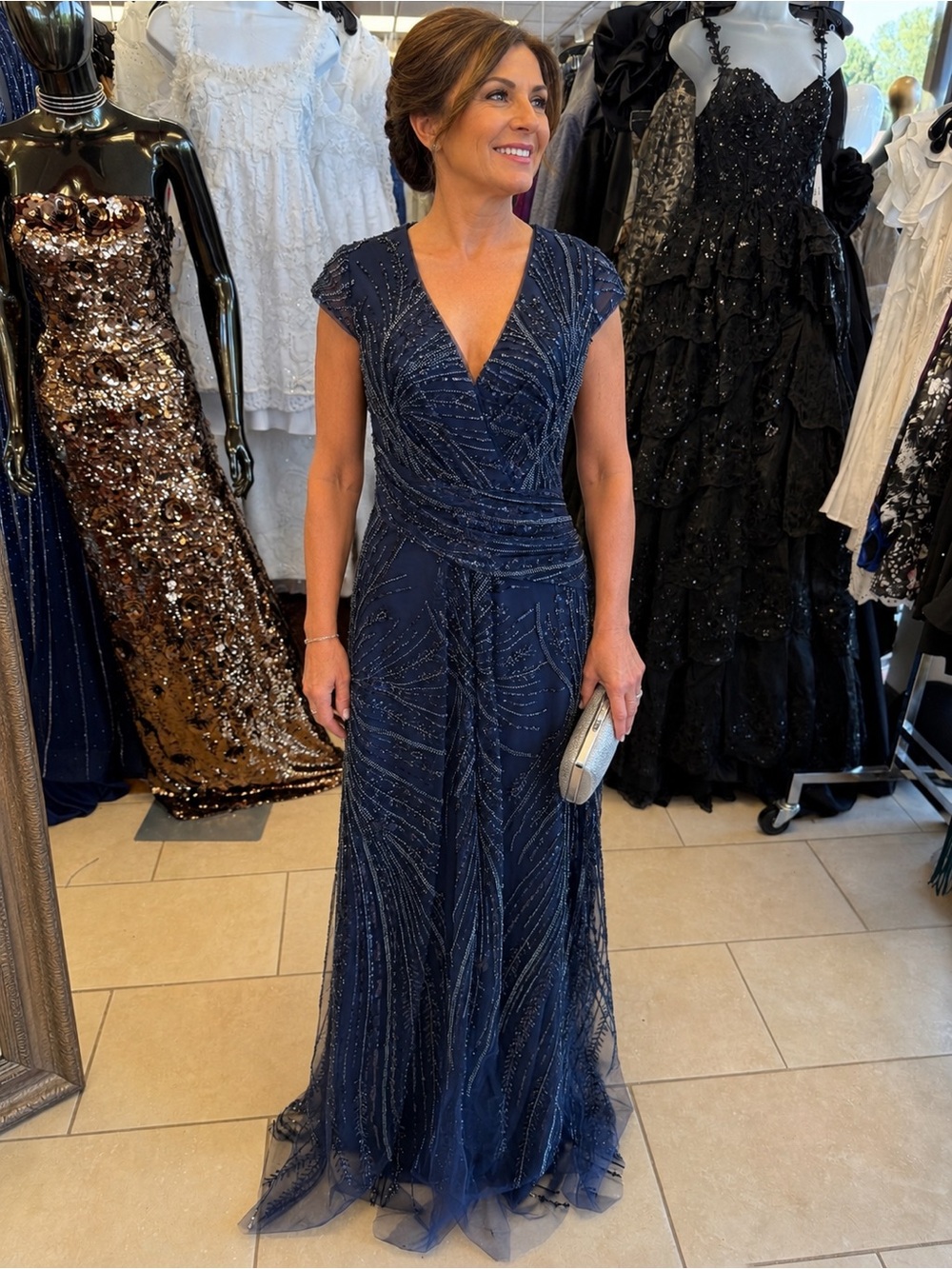 A-line Elegant Navy Beaded V-Neck Evening Gown with cap sleeve size 2 mother